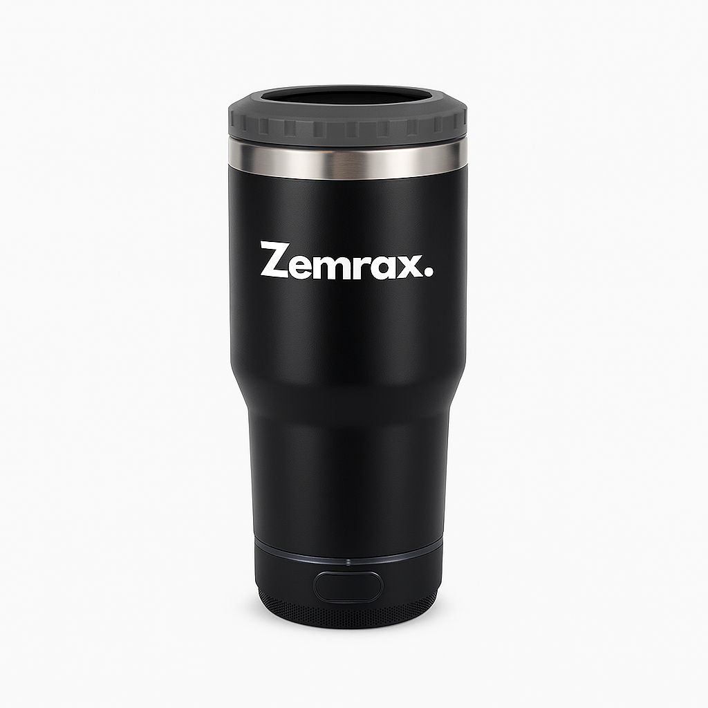 Zemrax 4-in-1 drink tumbler with Bluetooth speaker for chilling drinks and listening to music.