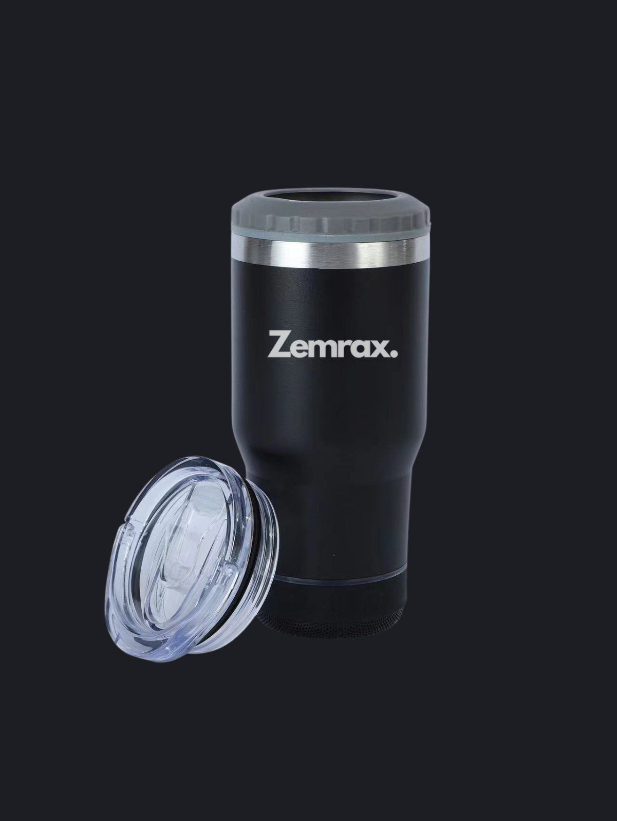 Black tumbler with Zemrax branding on a black background