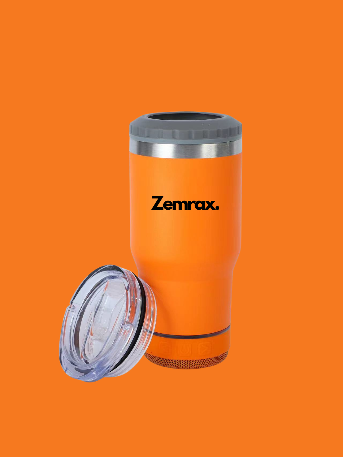 Orange tumbler with Zemrax logo on an orange background
