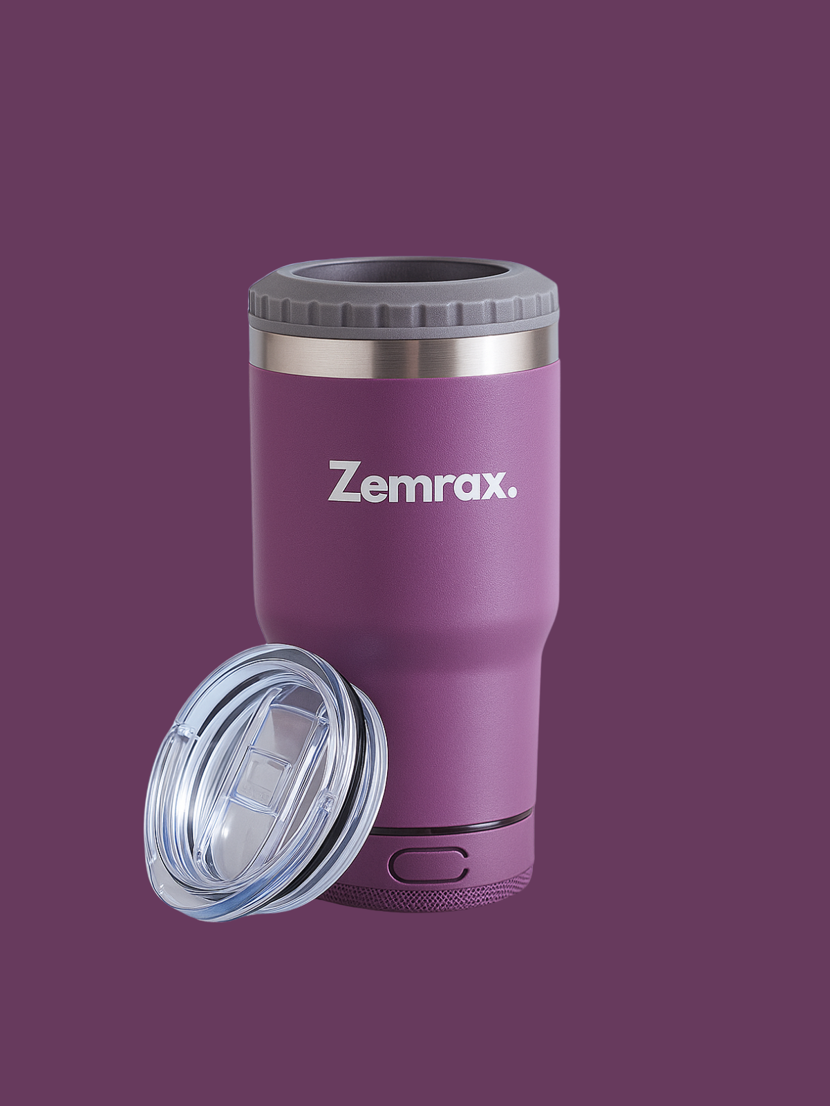 Purple tumbler with Zemrax branding on a purple background