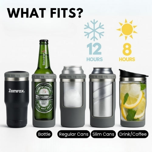Zemrax drink containers with various items and temperature display on a white background