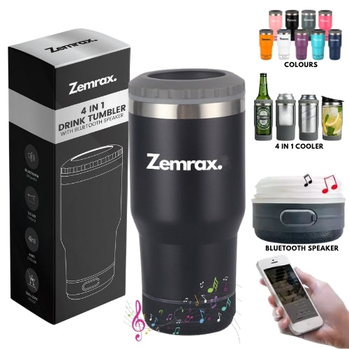 Zemrax 4-in-1 drink tumbler with Bluetooth speaker and cooler features on a white background
