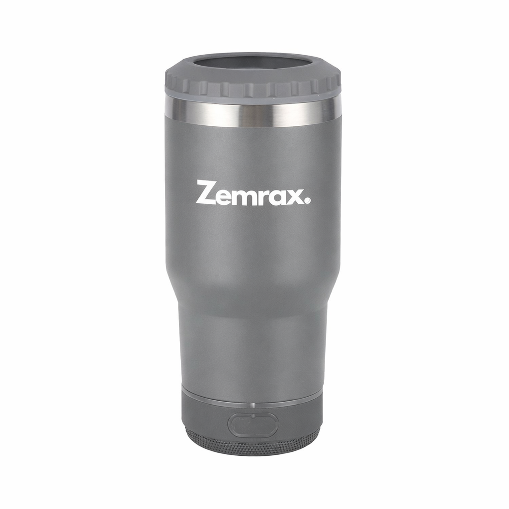Grey tumbler with Zemrax logo on a white background