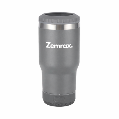 Grey tumbler with Zemrax logo on a white background