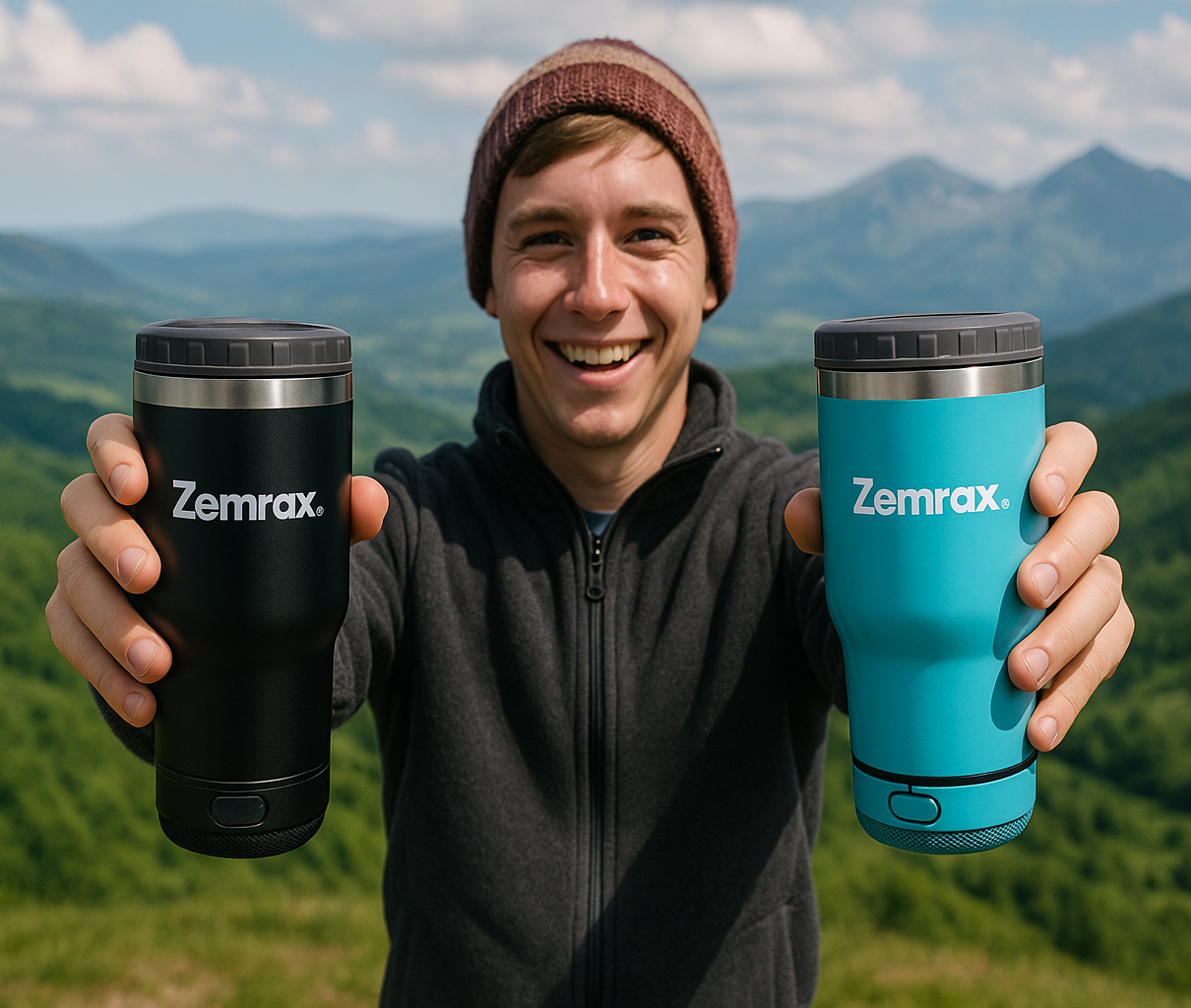 Person holding two Zemrax tumblers with a mountainous landscape in the background