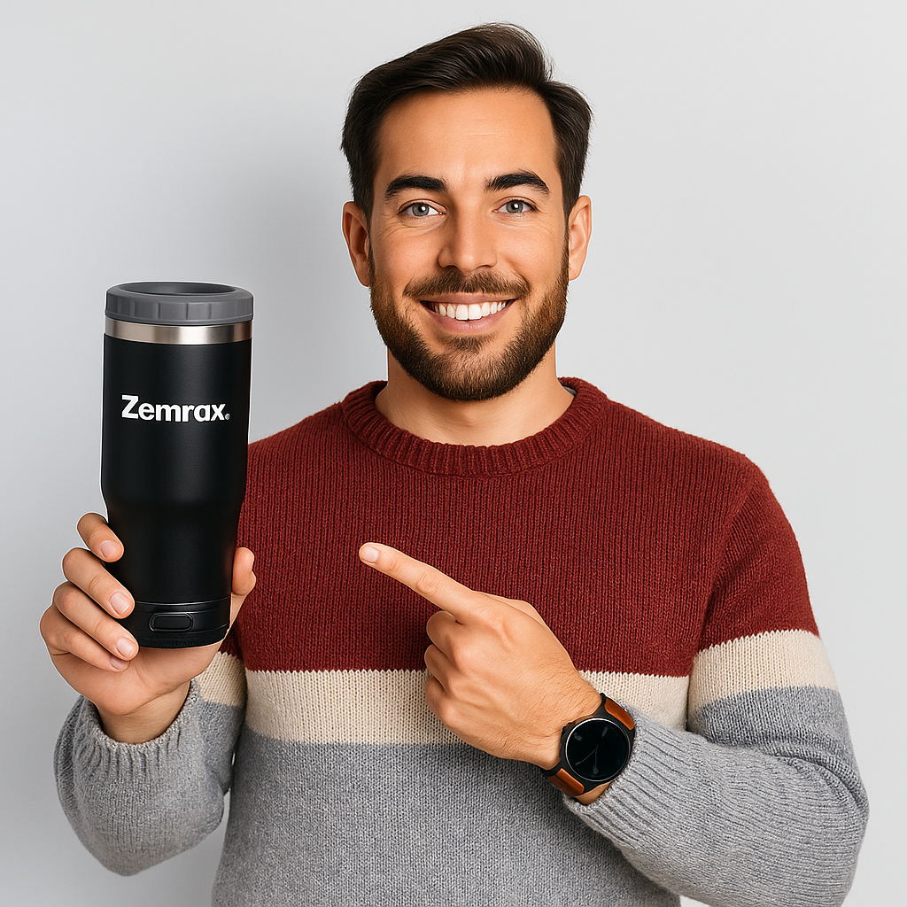 Man holding a black tumbler with 'Zemrax' branding and pointing at it.