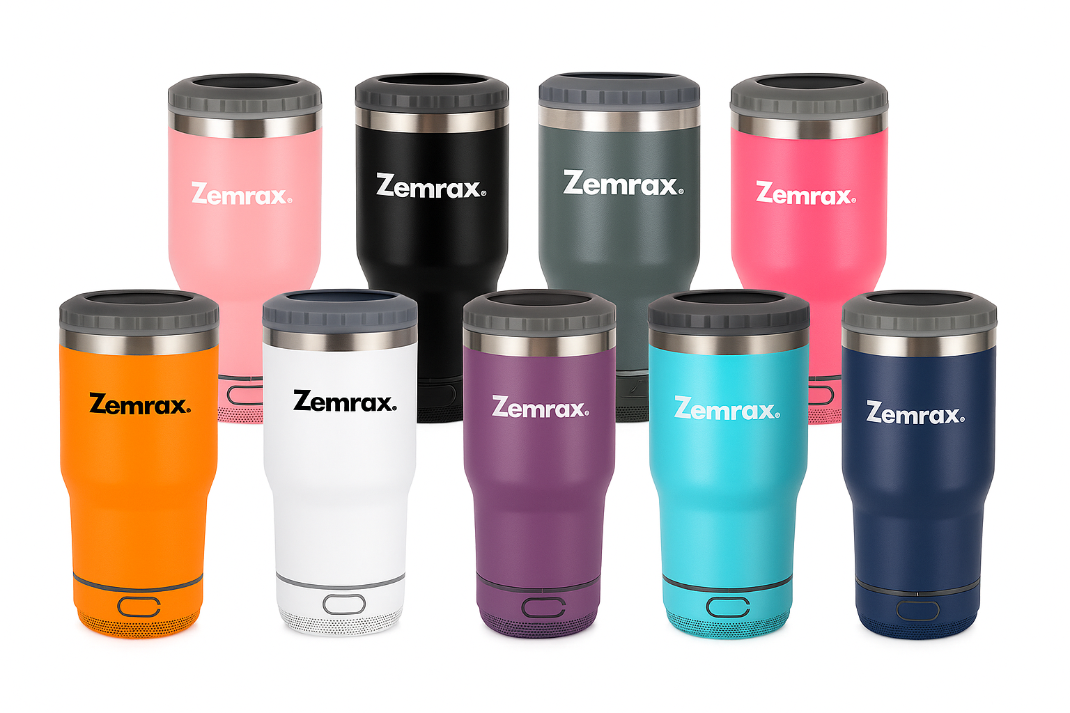 Zemrax tumblers in various colors on a white background