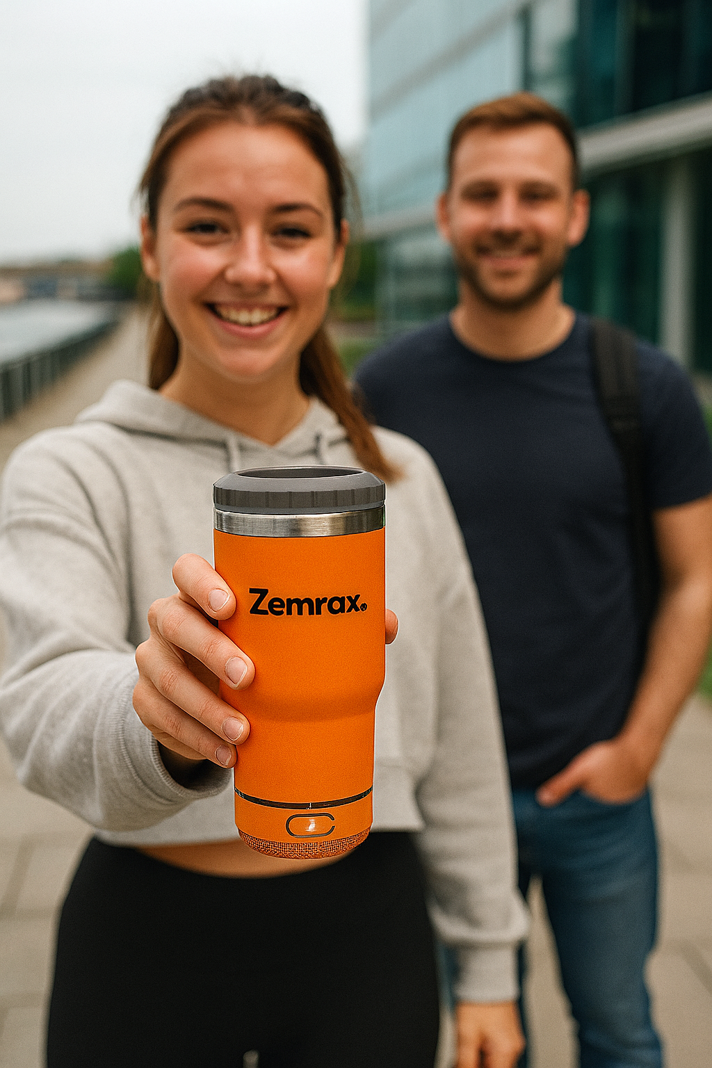 Person holding an orange Zemra cup with a blurred background of two people standing together.