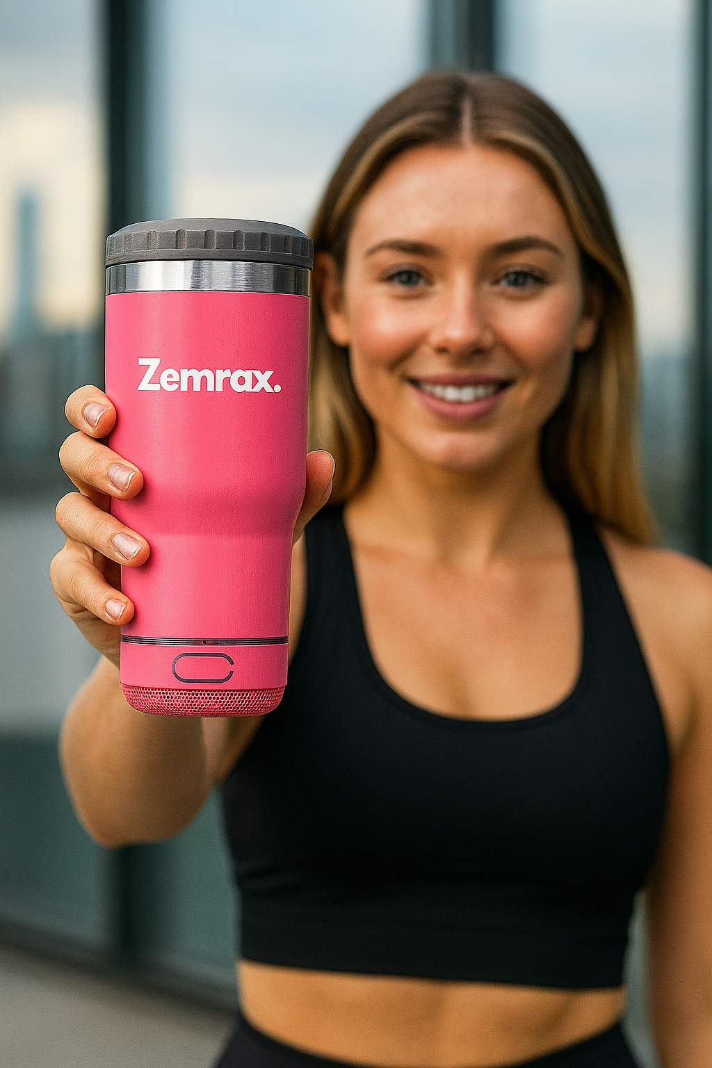 Woman holding a pink tumbler with 'Zemrax' branding.