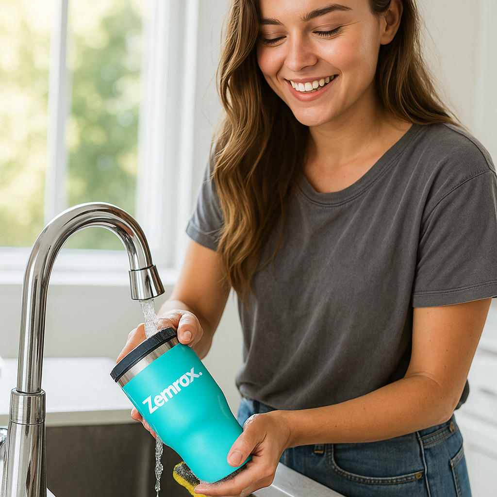 Woman washing a Turquoise Zemrax Tumbler