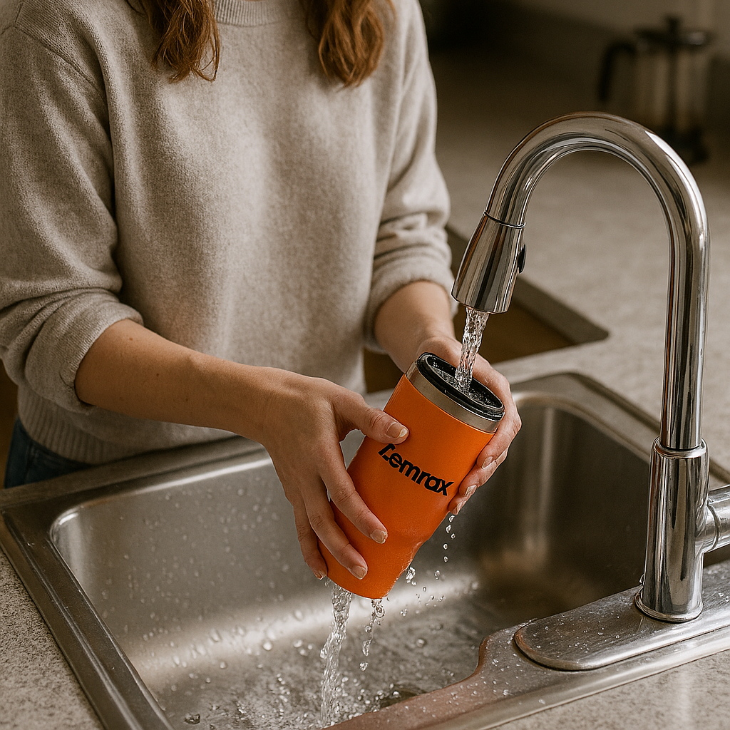 Person rinsing an orange Zemax cup under a kitchen faucet.